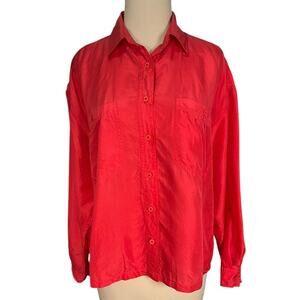Bogari Vintage 100% Silk Button Up Shirt Pink Long Sleeve Pocket Blouse Size M